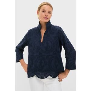 TUCKERNUCK Navy Nautical Eyelet Margot Stand Collar Blouse Size L NWT
